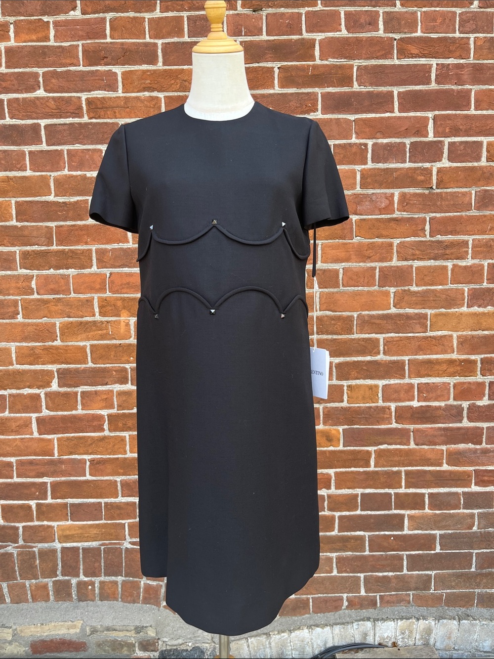 Valentino Black Short-Sleeve Mini Dress with Scalloped Trim